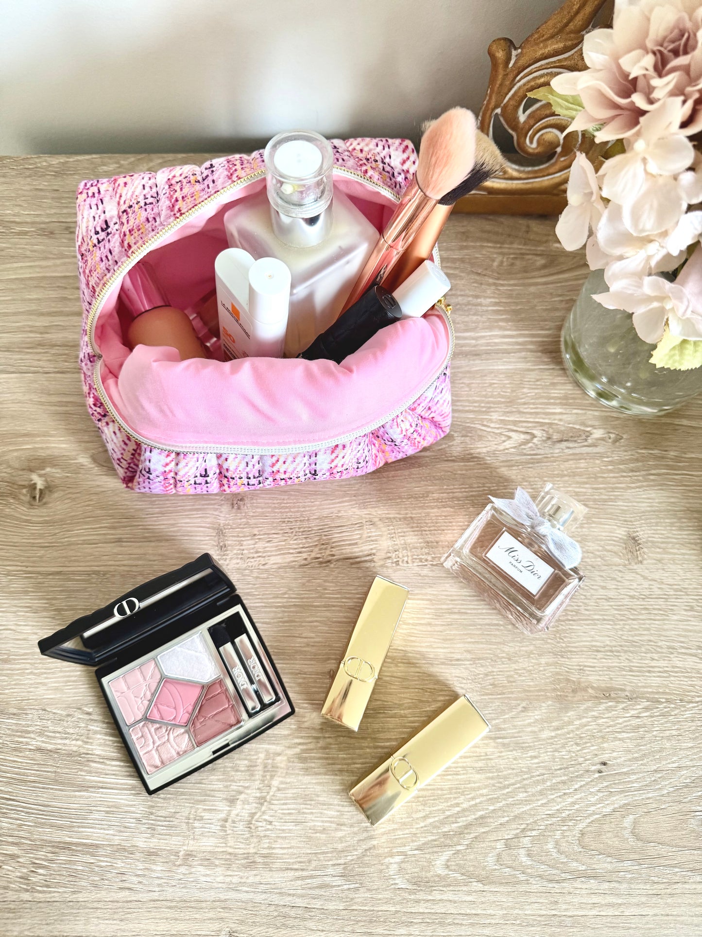 Tweed Print Makeup Bag - Pink