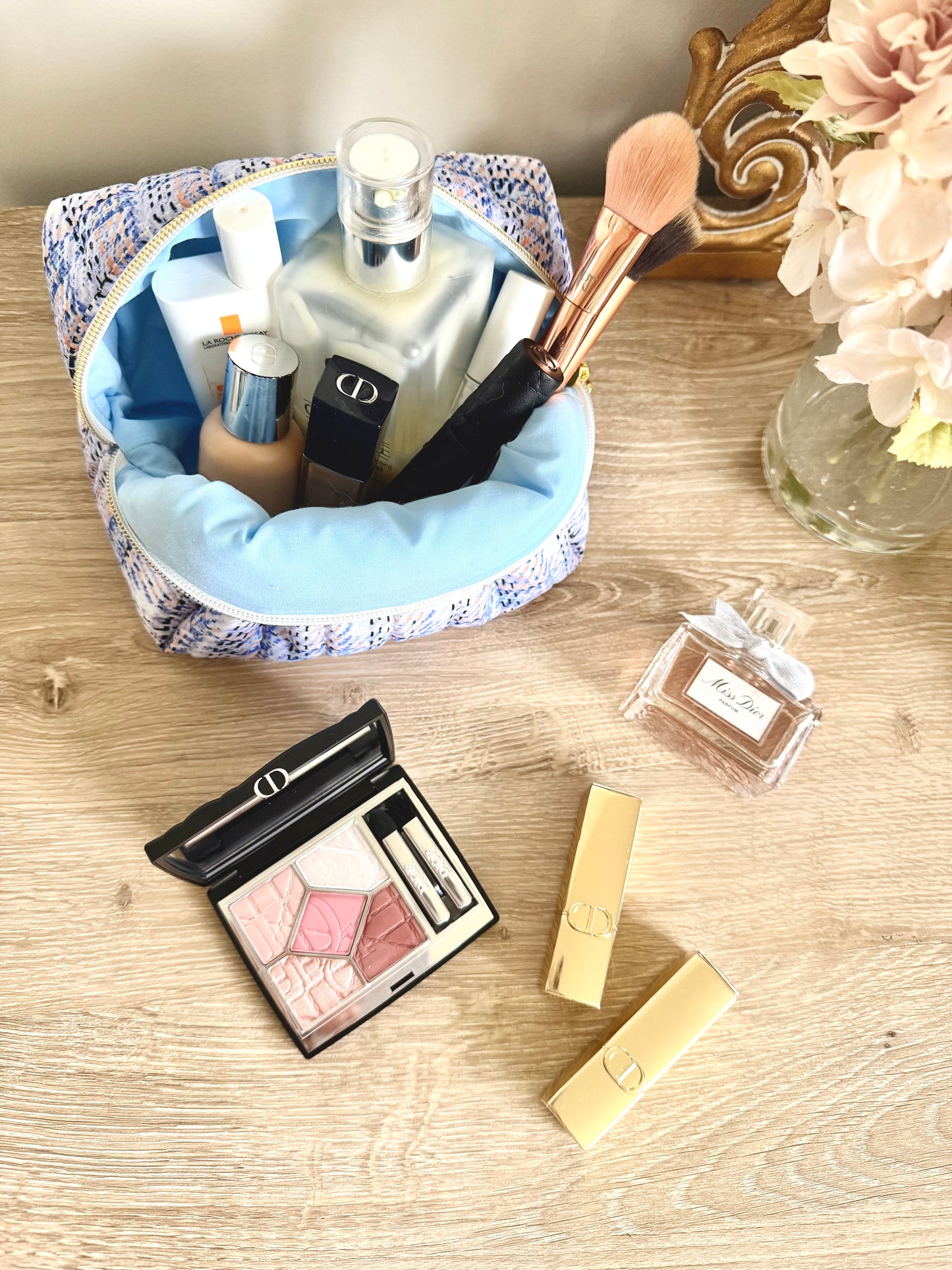 Tweed Print Makeup Bag - Blue