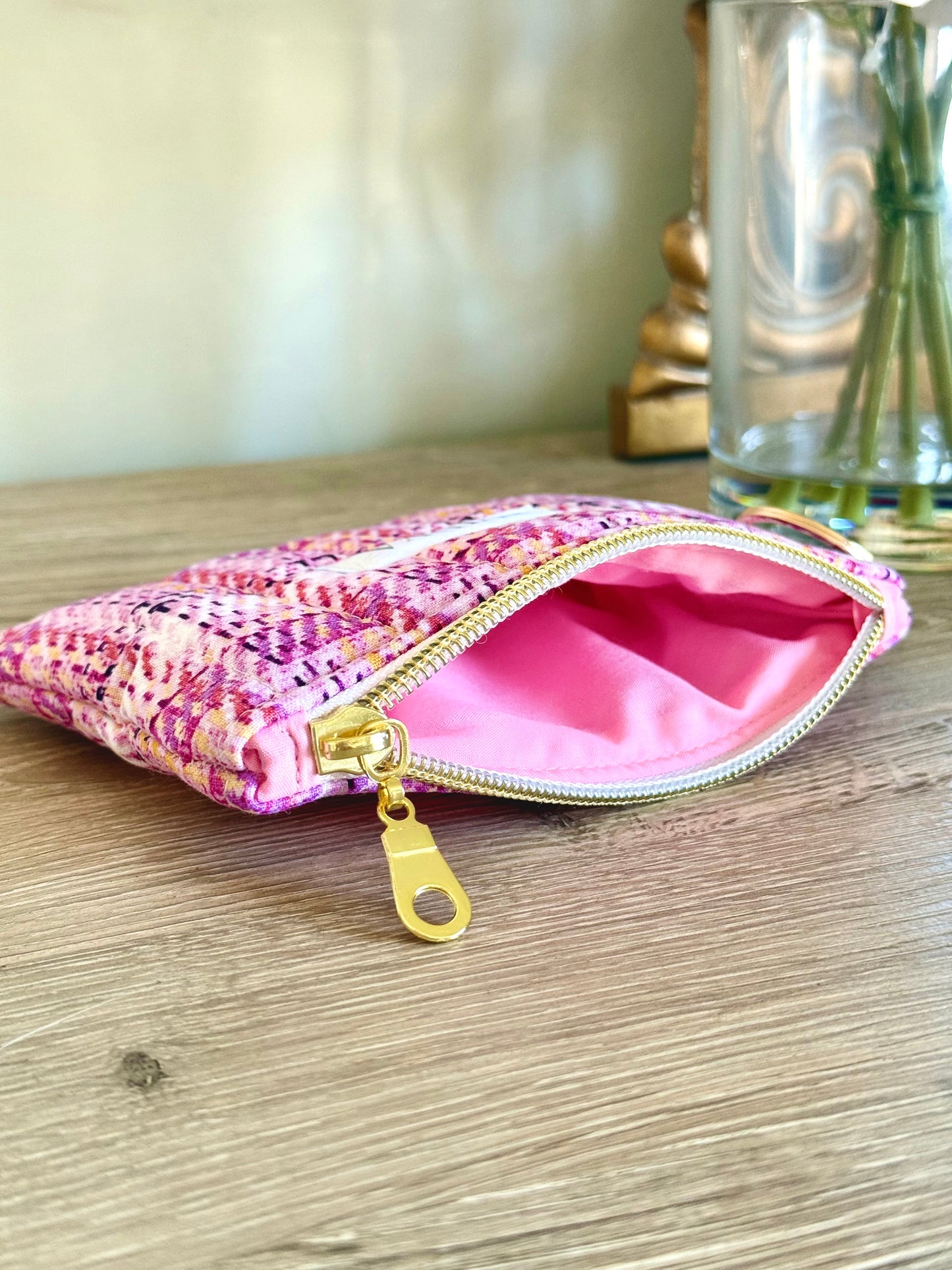 Tweed Print Keychain Wallet - Pink