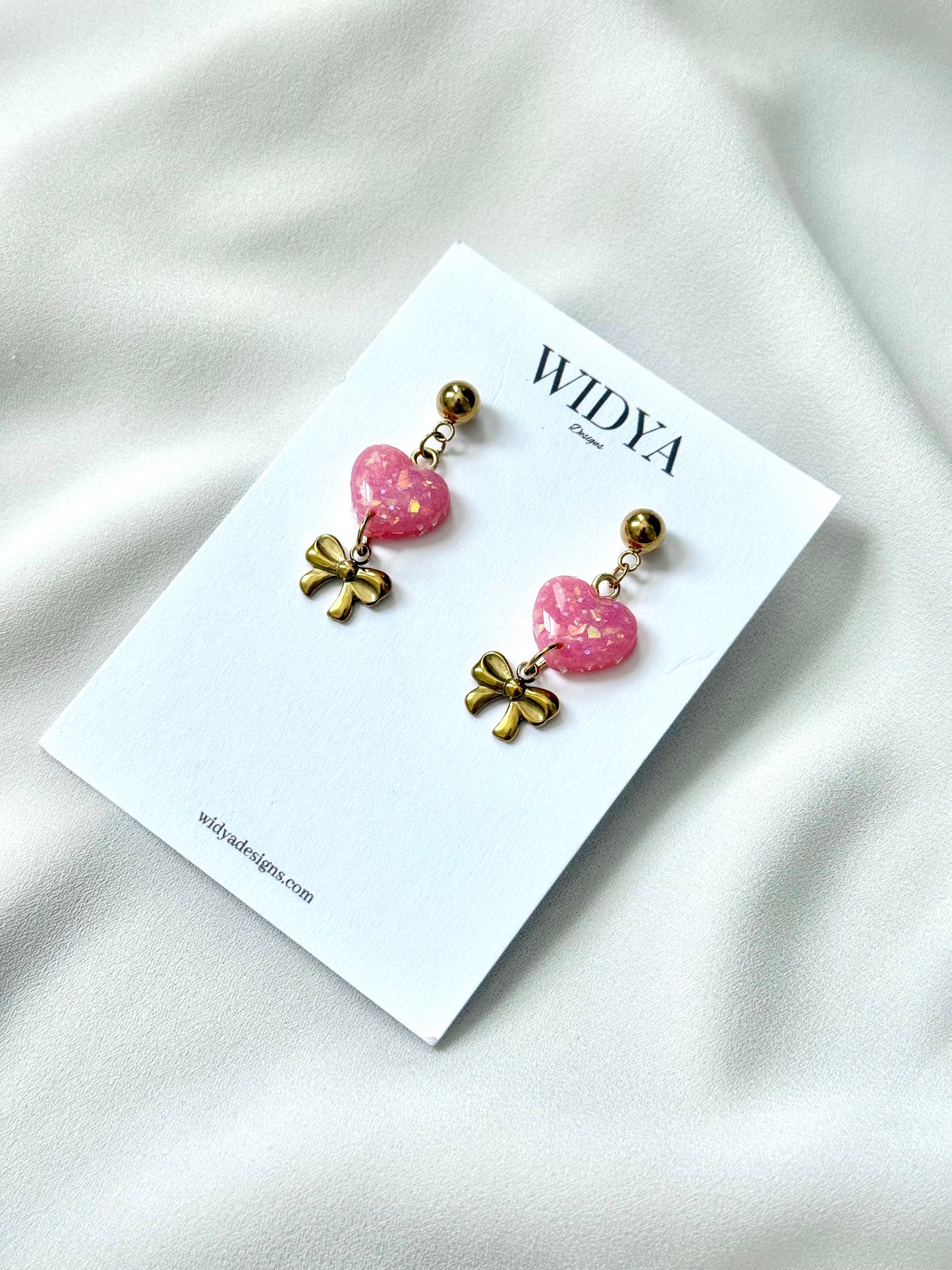Pink Opal Heart & Bow Earrings