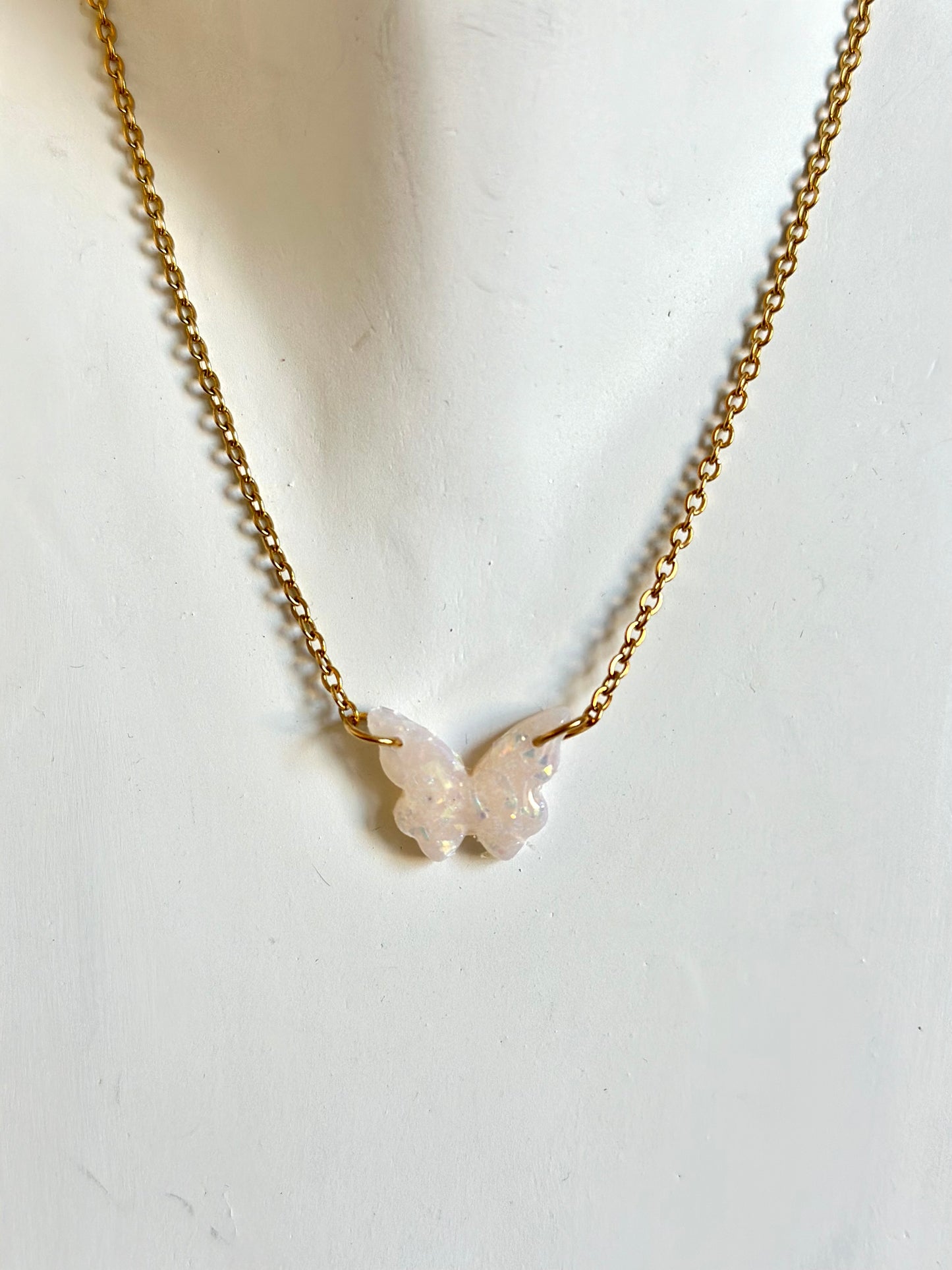 White Opal Necklace - Dainty Butterfly