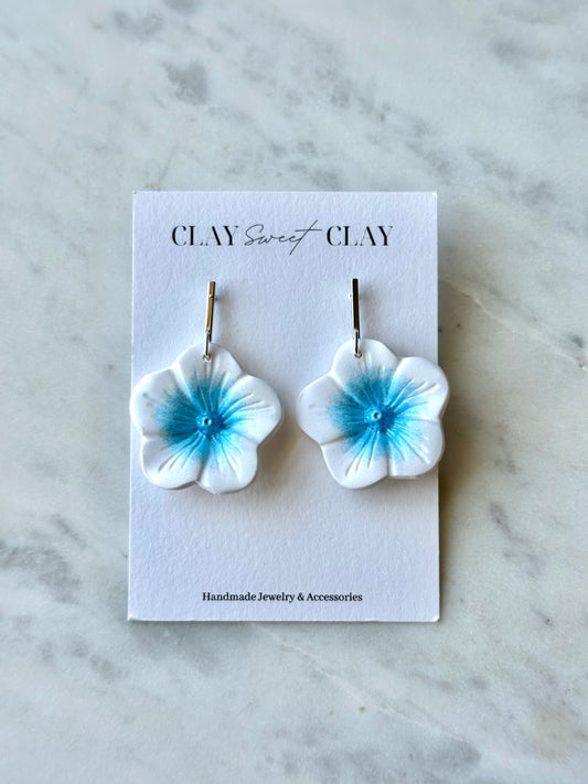 Flower Dangle Earrings - White & Blue