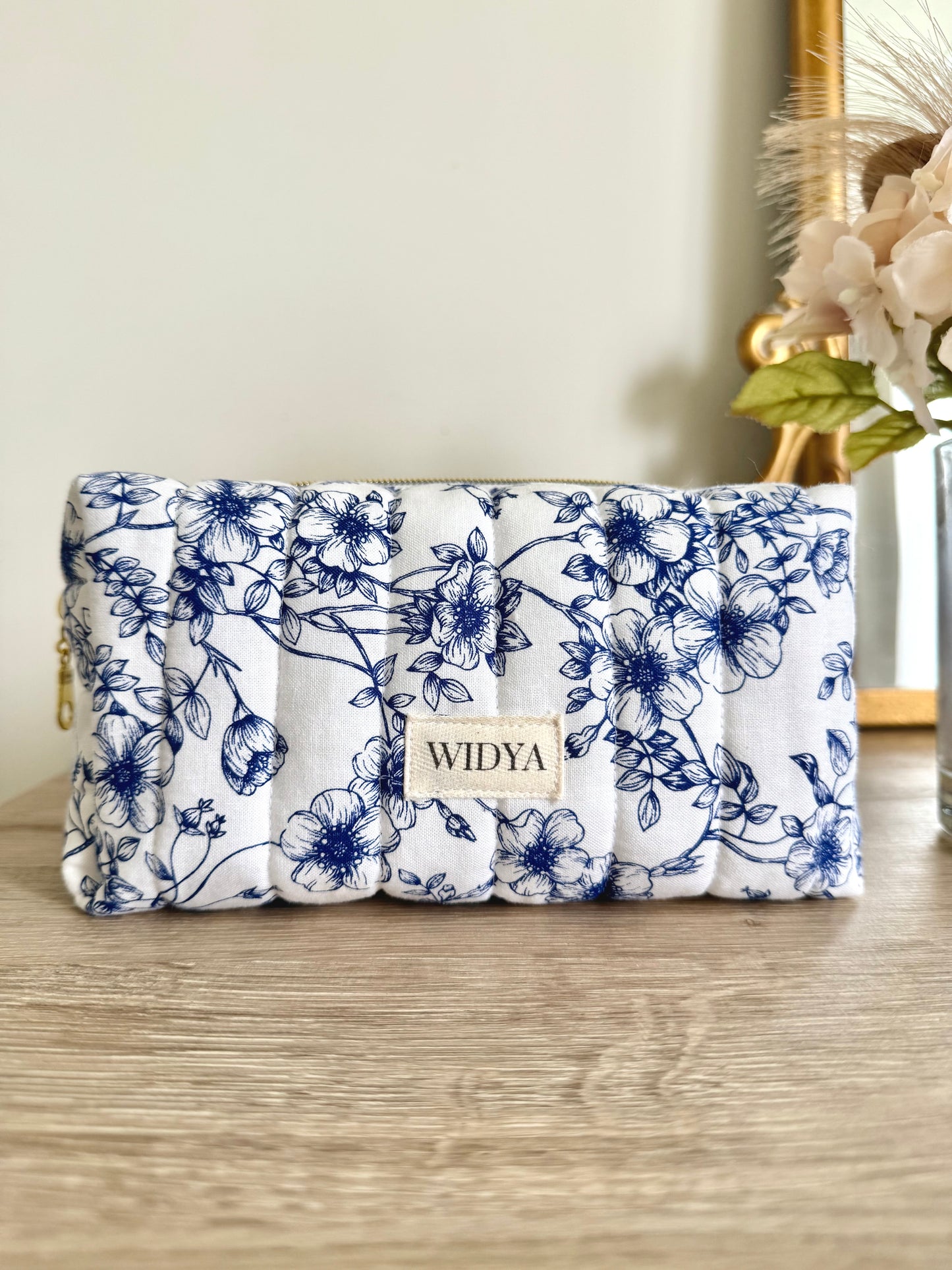 Blue Floral on White Makeup Bag