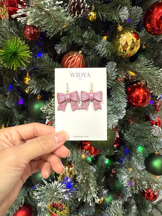 Pink Bow Shimmery Lace Textured Earrings