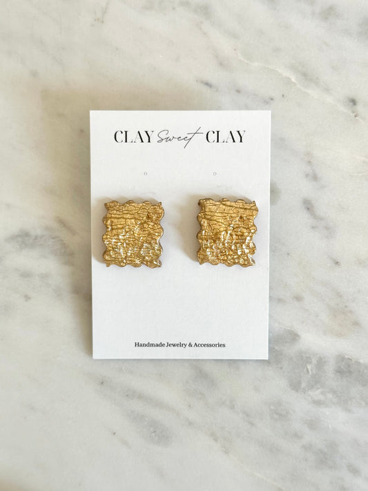 Gold Clay Stud Earrings - Wavy Edge