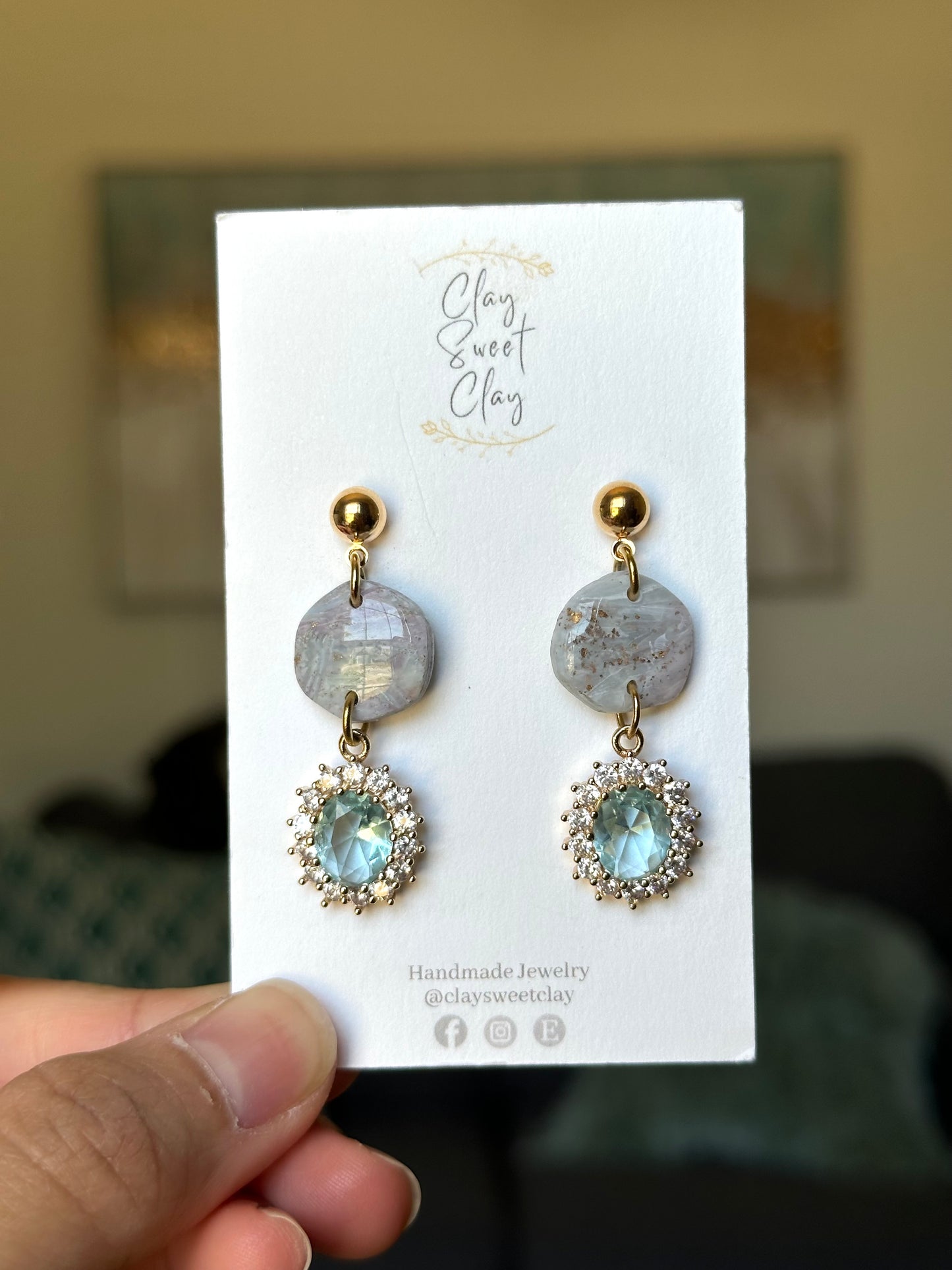 Mixed Marble Dangle Earrings w/ Blue Zirconia Charm