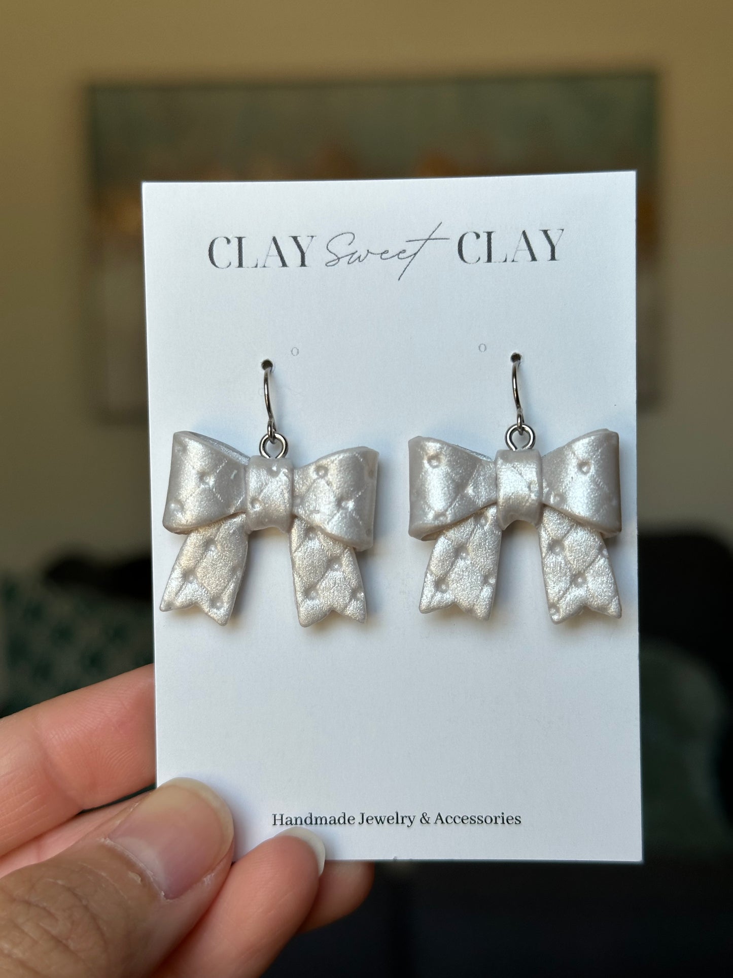 Coquette Bow Dangle Earrings - Pearl Plush Texture