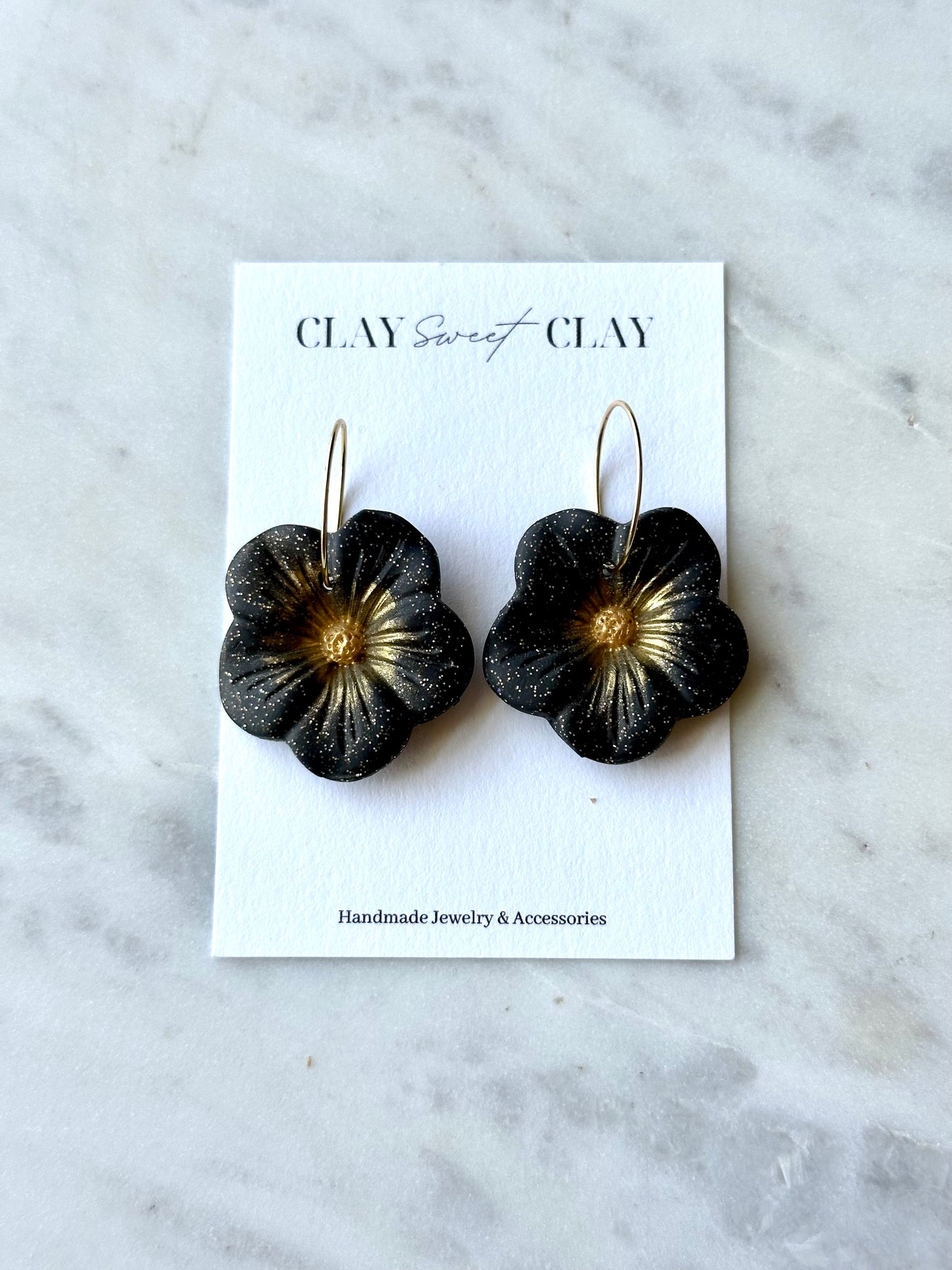 Flower Dangle Earrings - Black & Gold