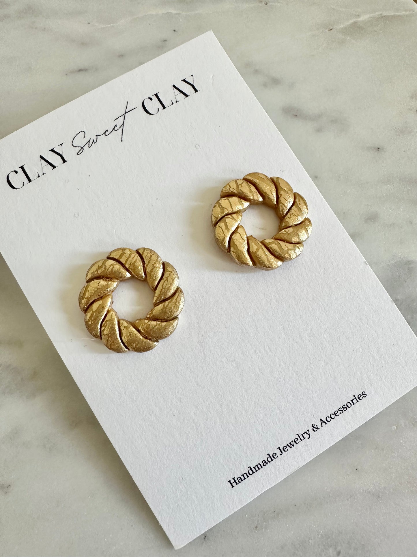 Gold Clay Stud Earrings - Round Twisted