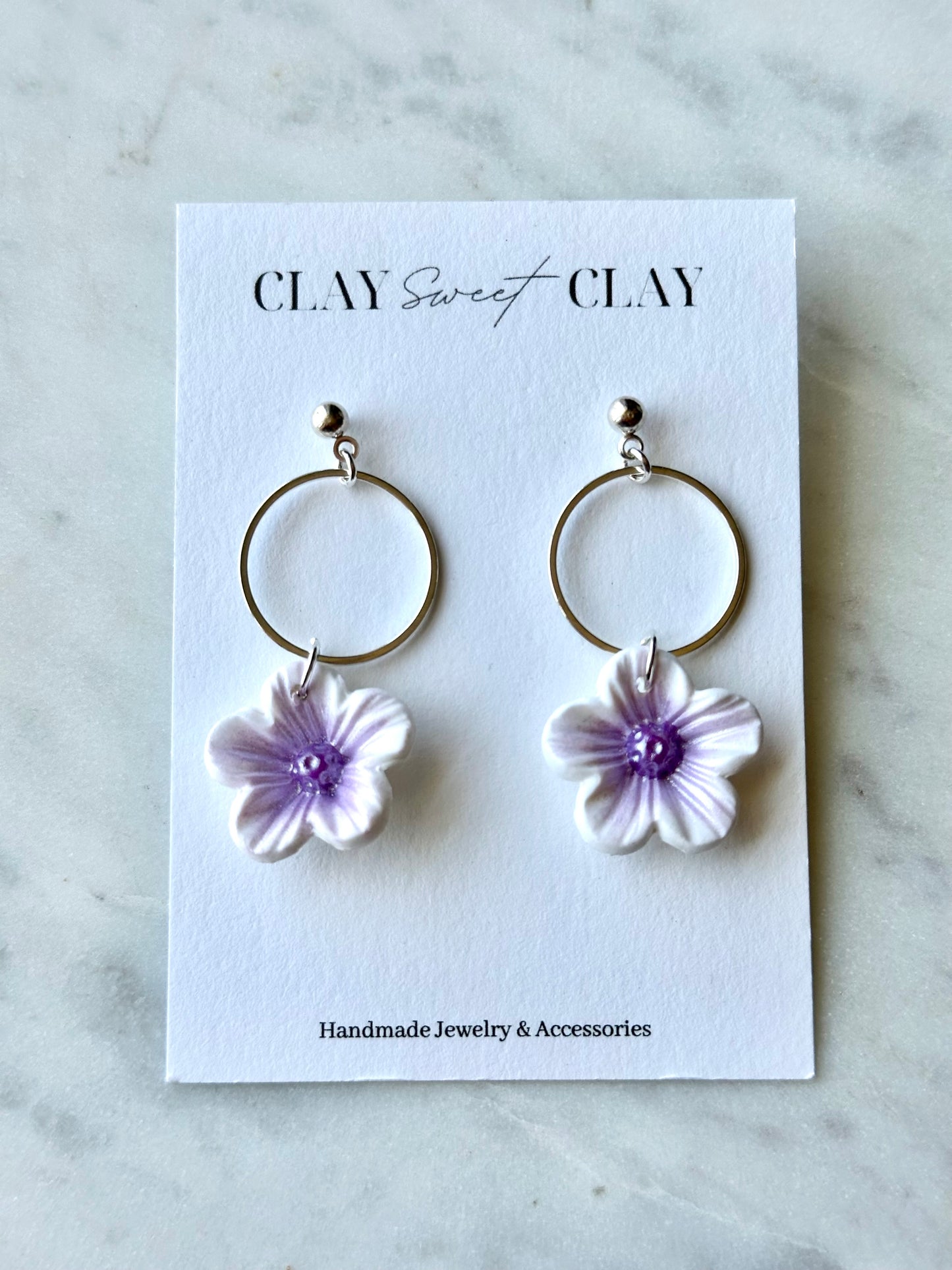 Flower Dangle Earrings - White & Purple (Small)