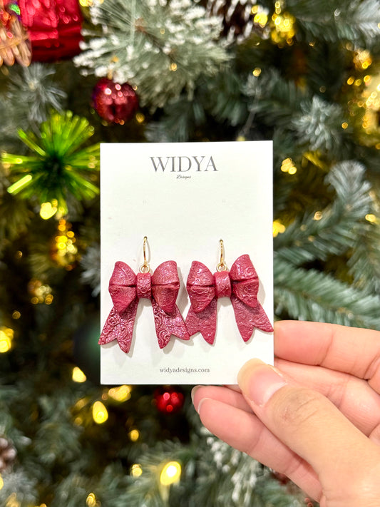Red Bow Shimmery Lace Textured Earrings