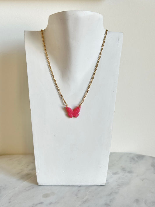 Pink Opal Necklace - Dainty Butterfly