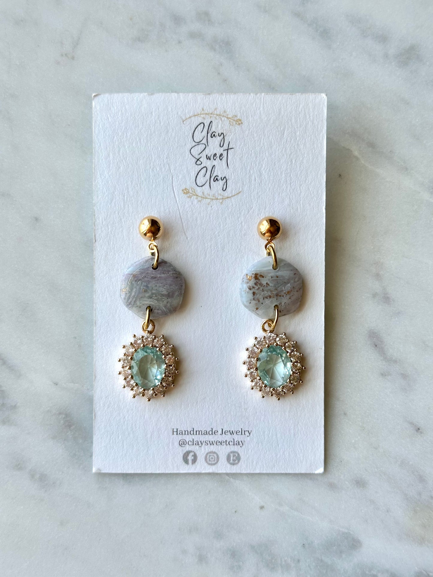 Mixed Marble Dangle Earrings w/ Blue Zirconia Charm