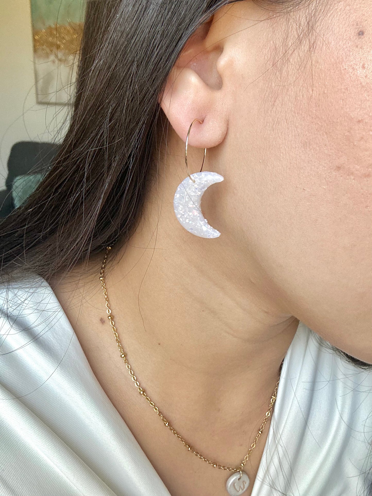 Crescent Hoop Earrings - Opal