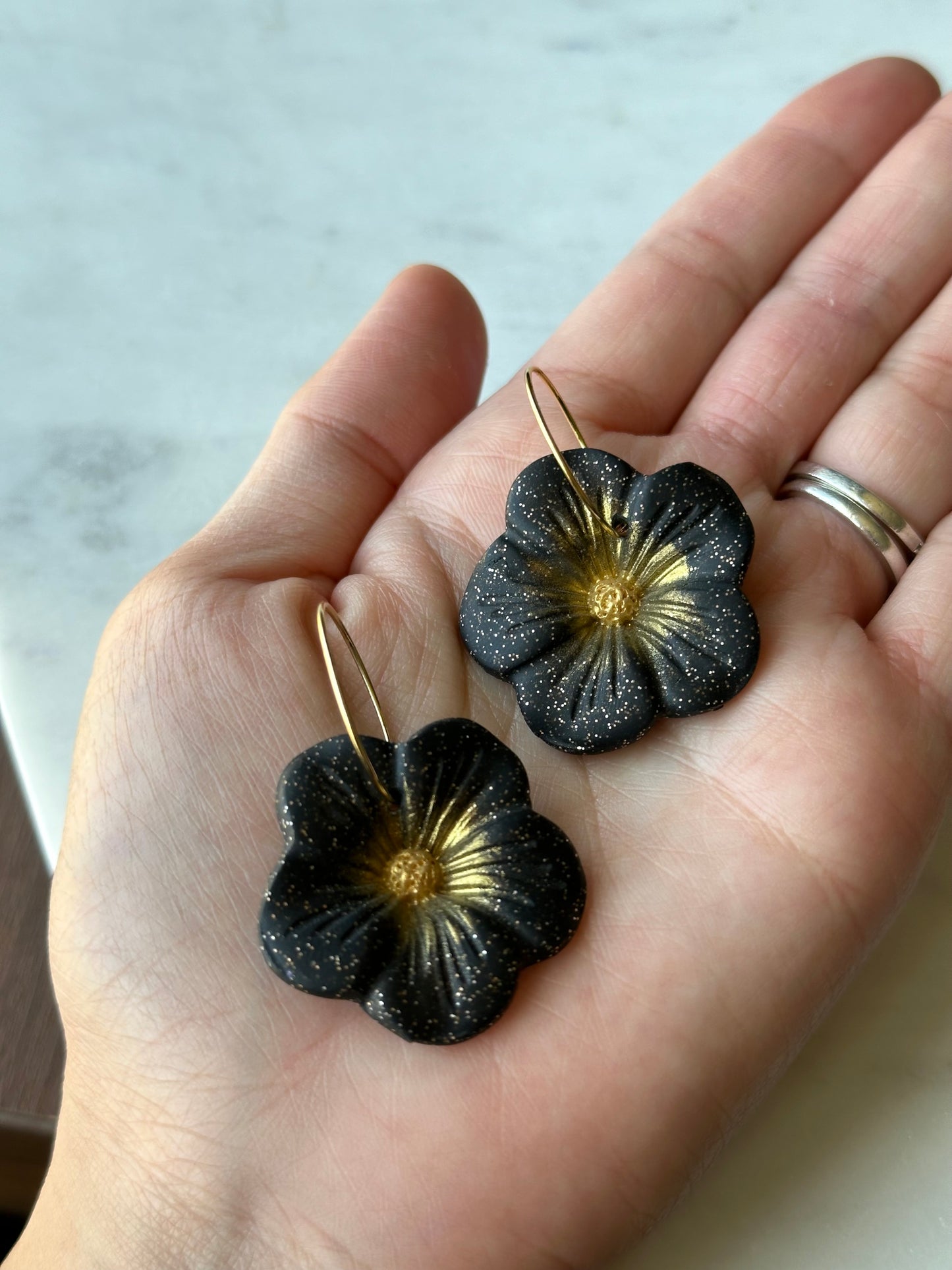 Flower Dangle Earrings - Black & Gold