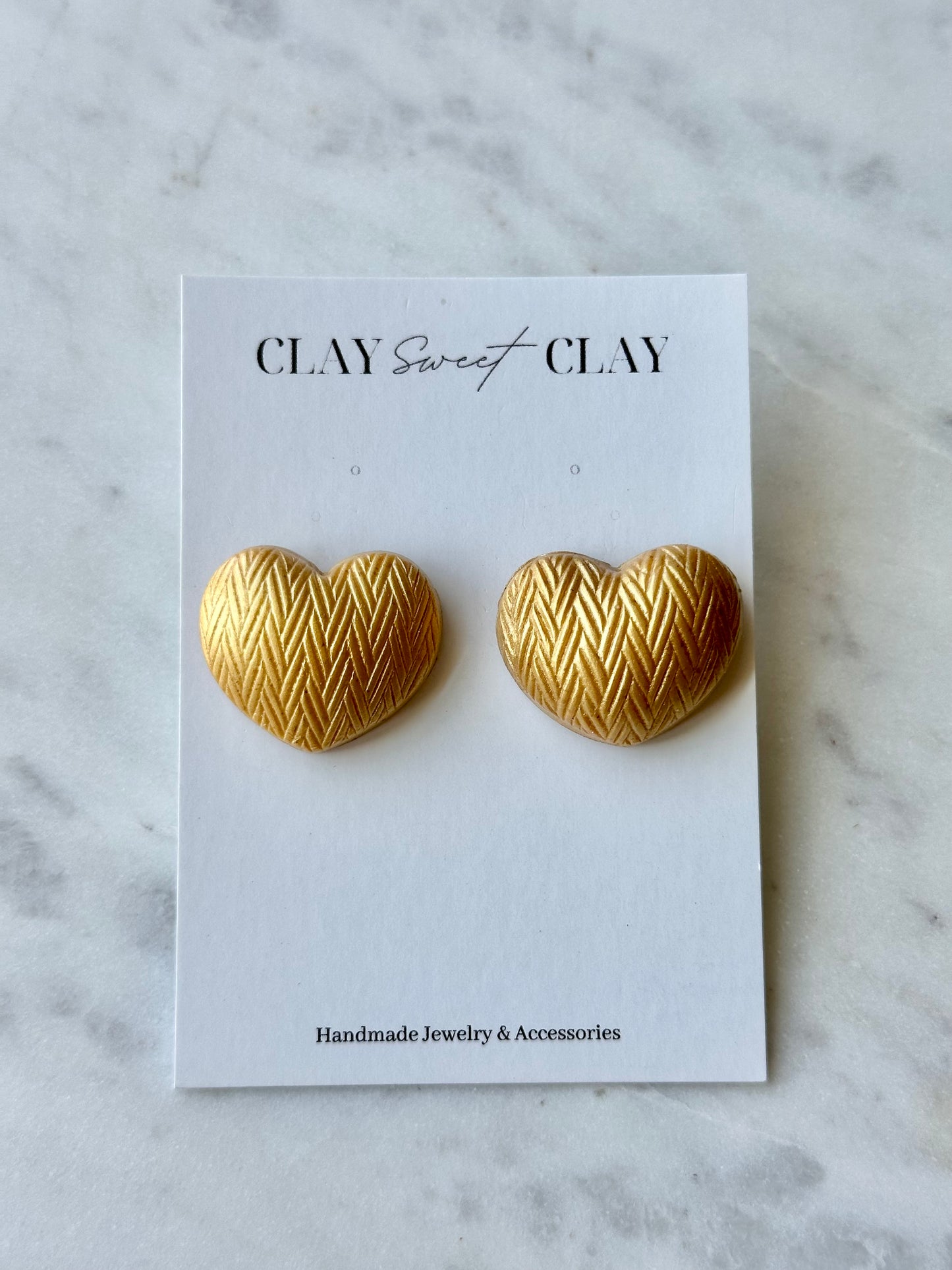 Puff Heart Stud Earrings - Herringbone Texture