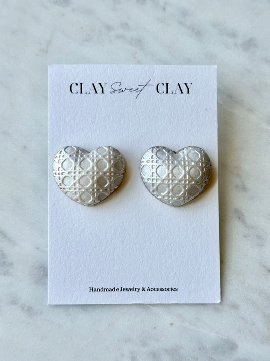 Puff Heart Stud Earrings - Pearl Cannage Texture