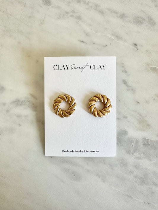 Gold Clay Stud Earrings - Round Twisted