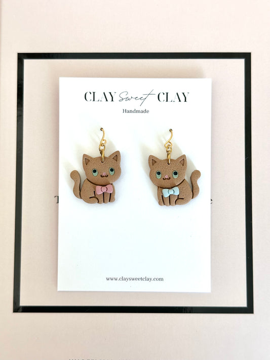 Cute Cat Earrings - Pink & Blue Bow