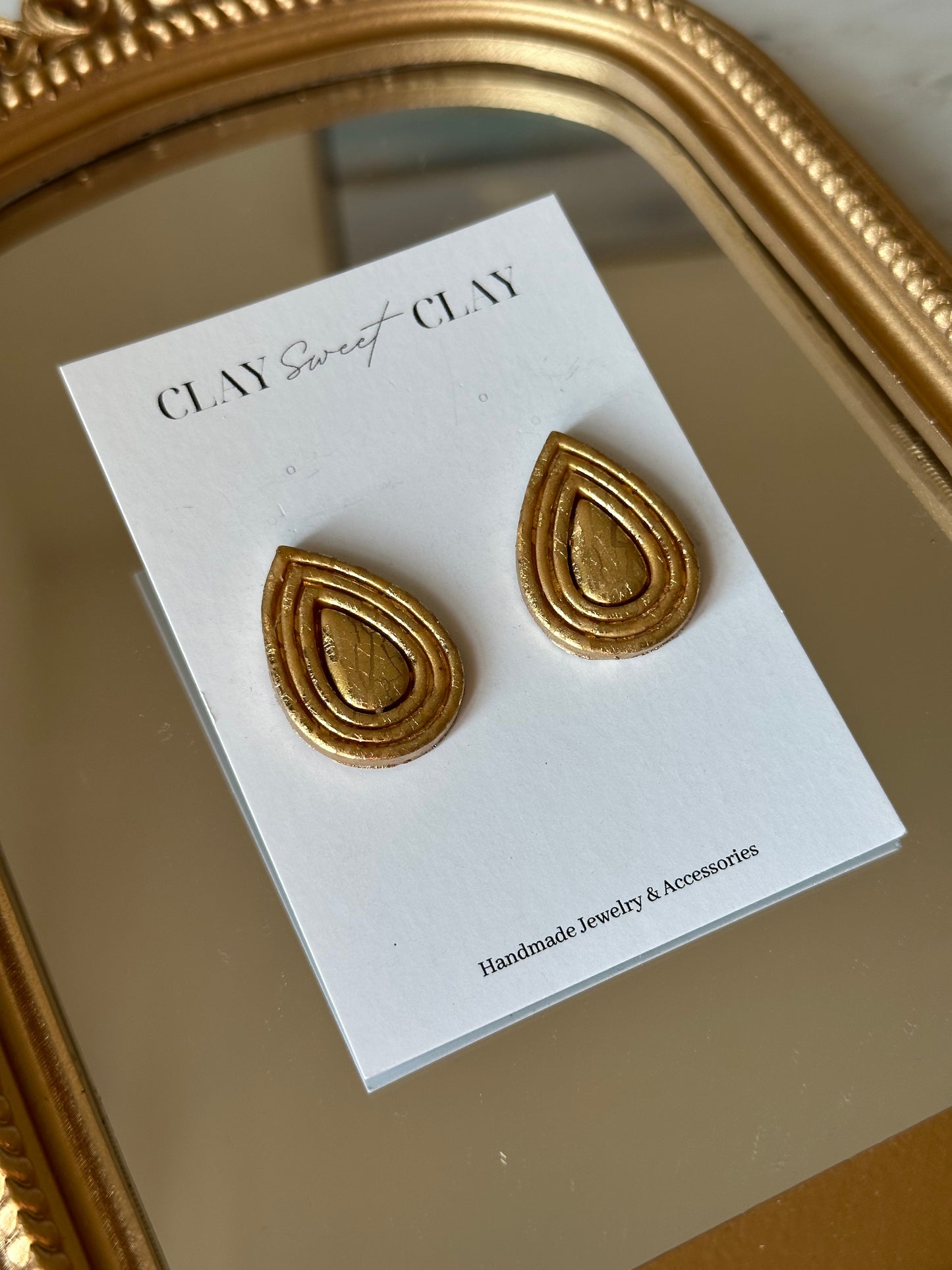 Gold Clay Stud Earrings - Teardrop