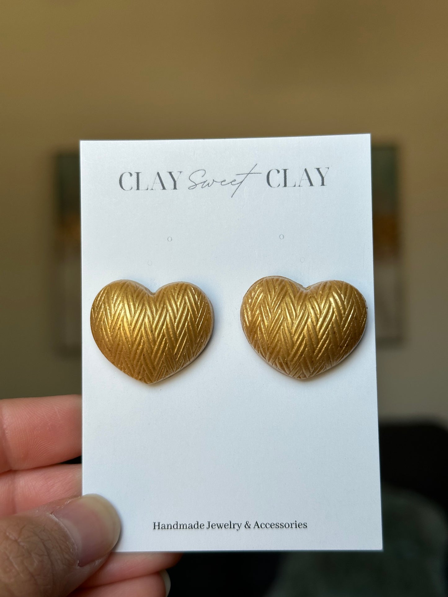 Puff Heart Stud Earrings - Herringbone Texture