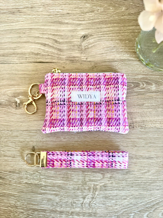 Tweed Print Keychain Wallet - Pink