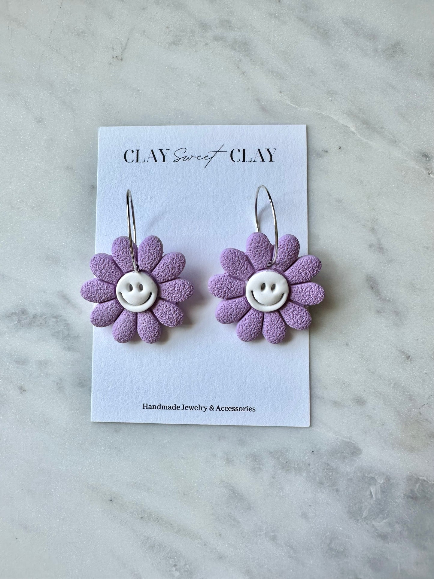 Smiley Daisy Hoop Earrings - Purple