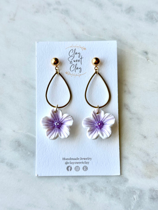 Flower Dangle Earrings - White & Purple (Small)