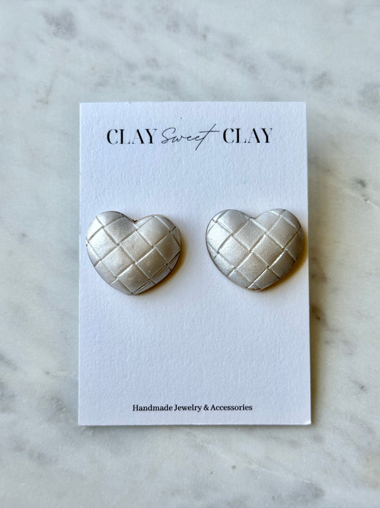 Puff Heart Stud Earrings - Pearl  Quilted Texture