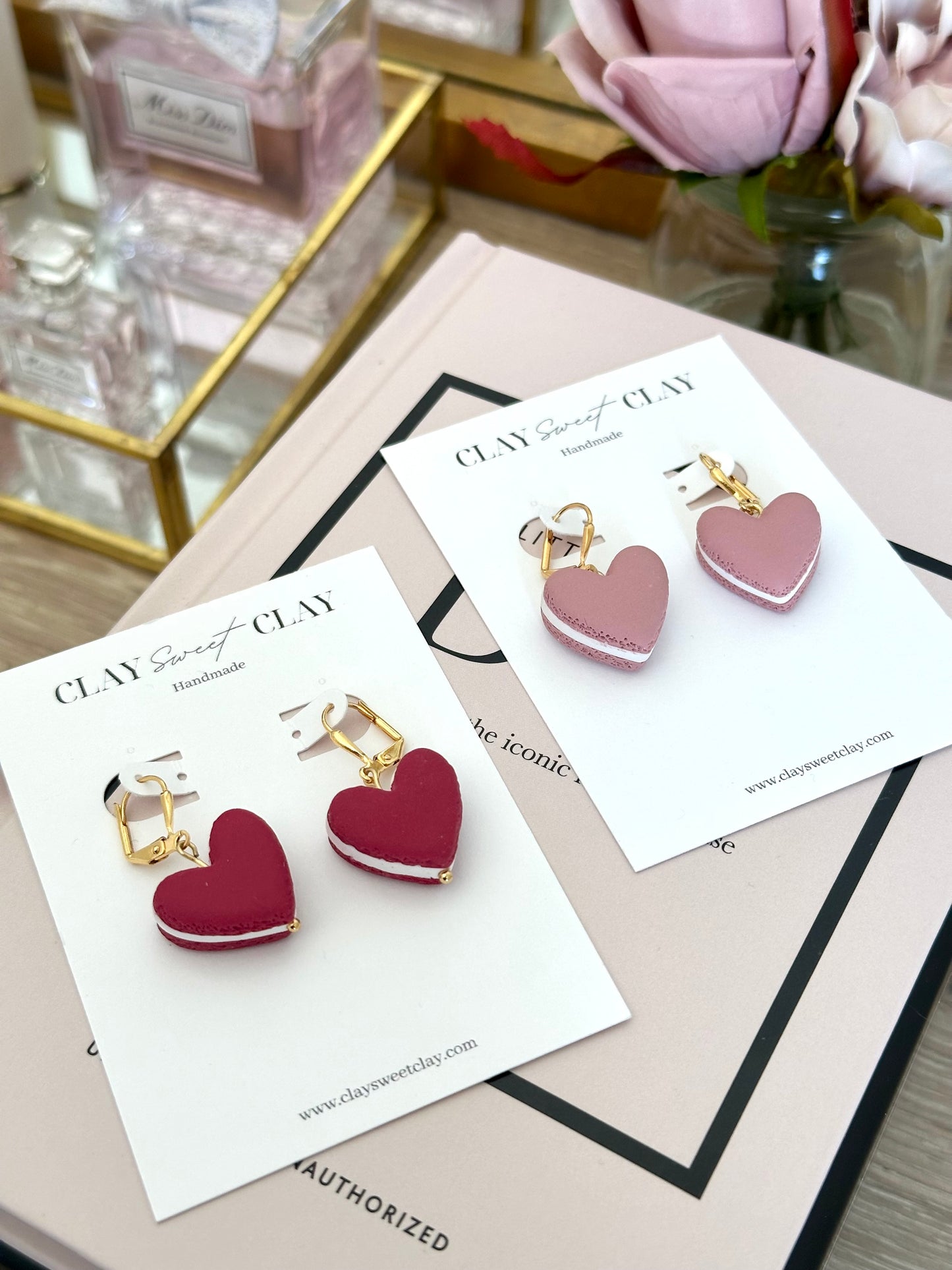 Heart Macaron Earrings - Strawberry