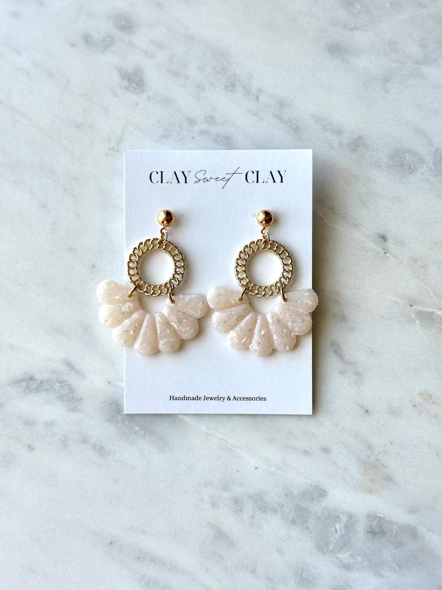 White Opal Dangle Earrings - Scallop