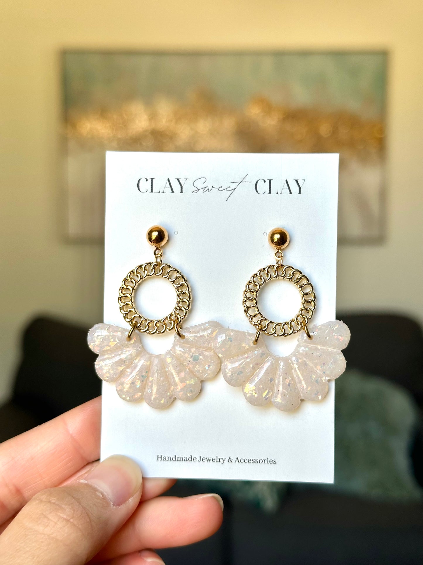 White Opal Dangle Earrings - Scallop