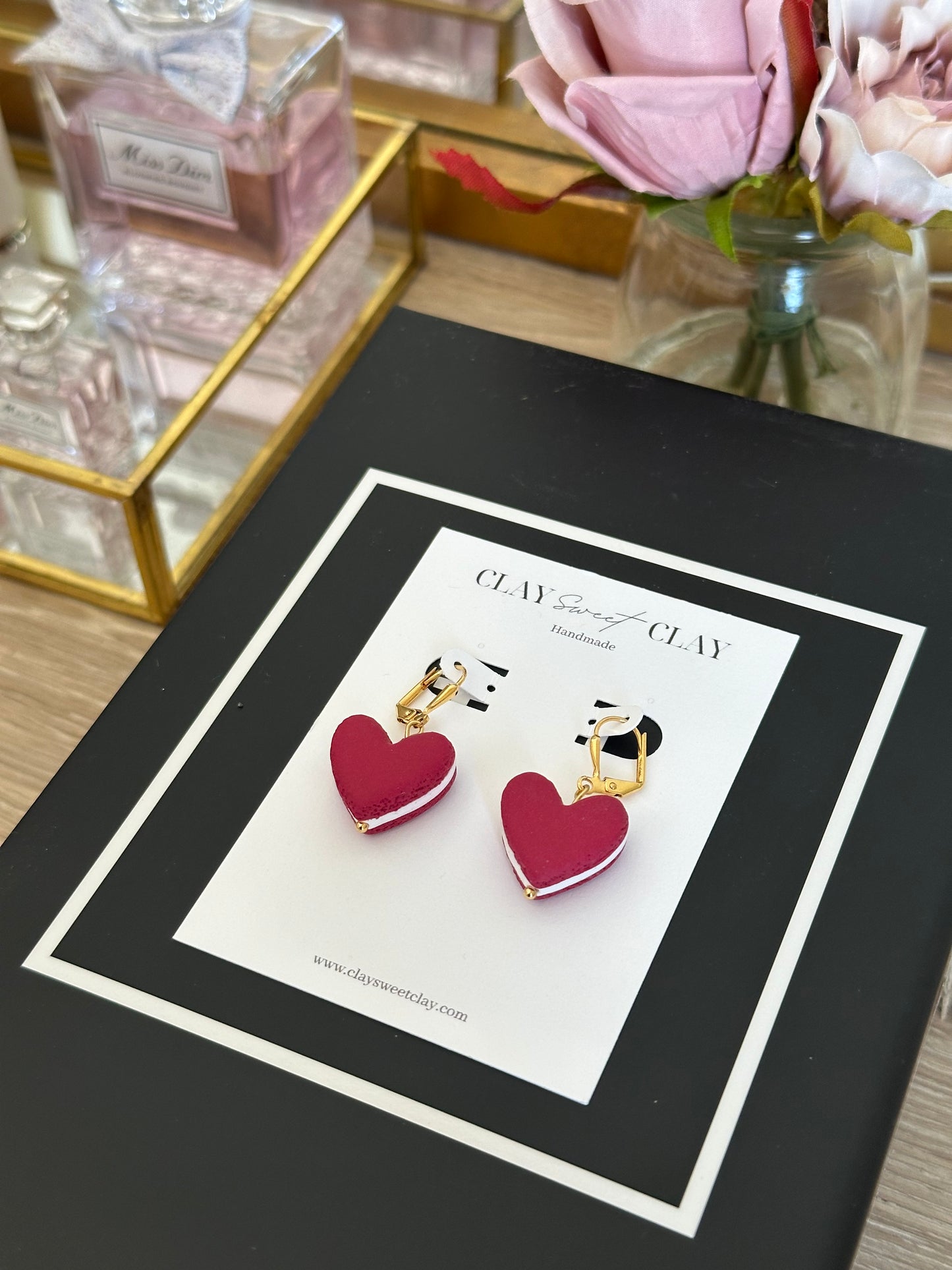 Heart Macaron Earrings - Red Velvet