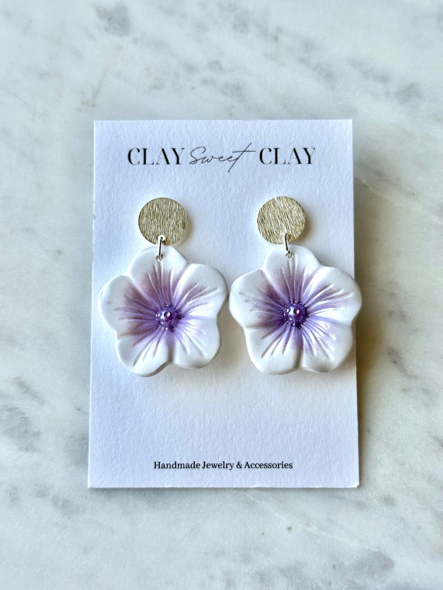 Flower Dangle Earrings - White & Purple